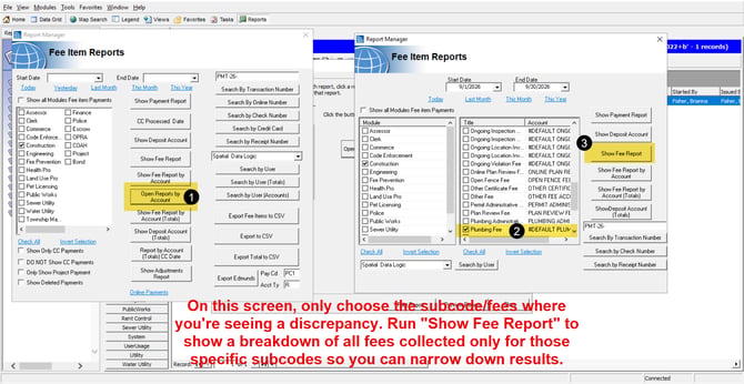 Run the Fee Item report by account. In your Fee Item reports, open Reports by Account and enter the same start and end dates you used for the permit report.